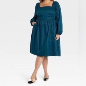 Blue Long Sleeve Sundress with Square Neckline